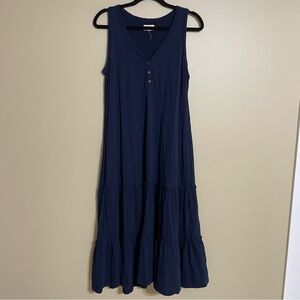 Pact Navy Ellie Ruffled Patio Organic Cotton Slub Knit Midi Dress Boho Sz Small